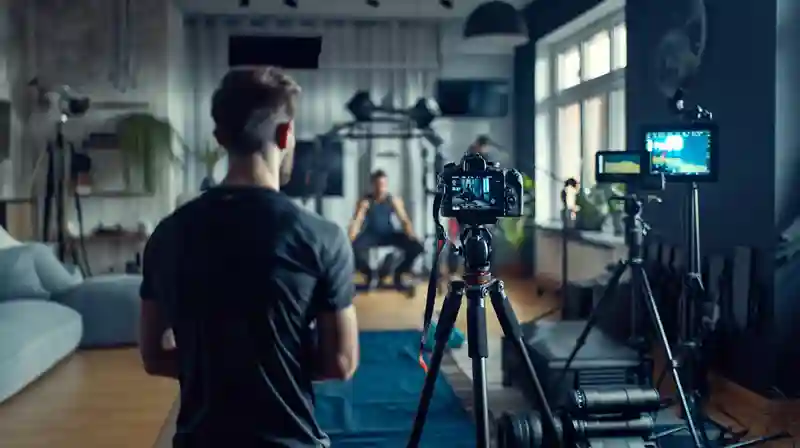 Film production setup with camera crew capturing a scene in studio environment